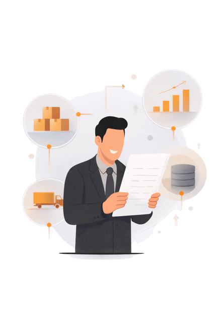 Illustration d’un dirigeant analysant une évaluation opérationnelle, avec des icônes représentant l’inventaire, le transport, les données et la performance.