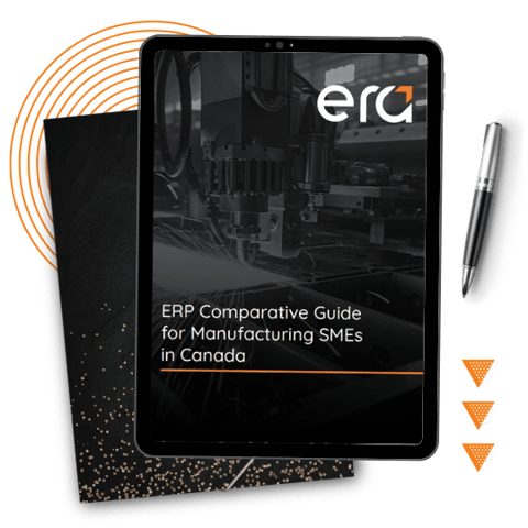 Cover of ERP Comparative Guide for Manufacturing SMEs in Canada, showing industrial machinery, tablet mockup, and Era Consulting Group branding Cover of ERP Comparative Guide for Manufacturing SMEs in Canada, showing industrial machinery, tablet mockup, and Era Consulting Group branding